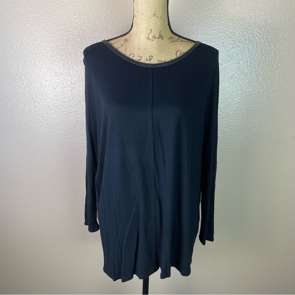 ZARA BLACK TOP BLOUSE  GOLD ZIPPER FAUX LEATHER TRIM SIZE LARGE - Picture 9 of 10